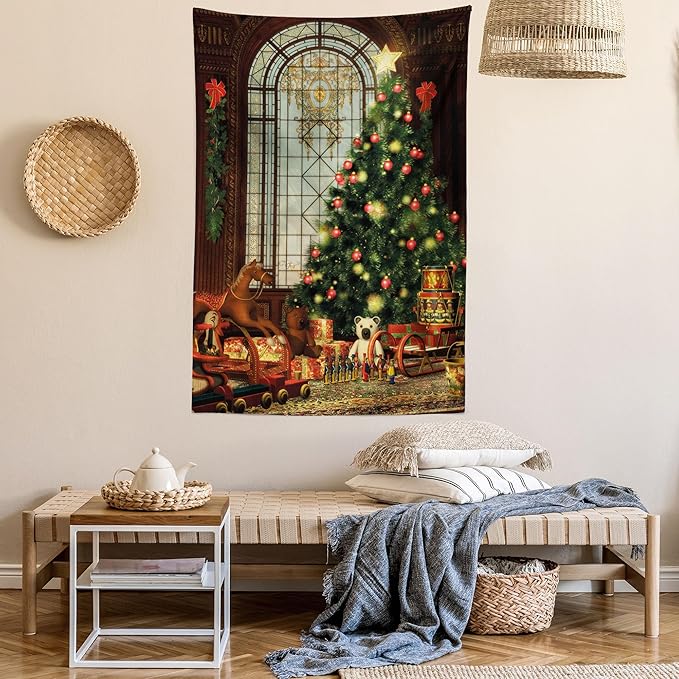 Ambesonne Christmas Tapestry Queen Size, Vintage Ambiance Big Old Fashioned Window Xmas Tree Various Presents, Wall Hanging Bedspread Bed Cover Wall Decor, Queen Size, Brown Red Green