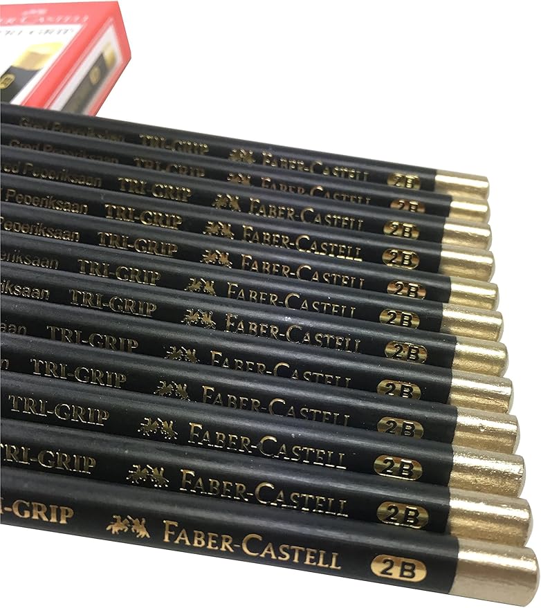 Faber-Castell Wooden Tri-Grip Exam Grade Graphite 2B Pencils, Smooth and Dark Pre-sharpened Wood Pencils - Box of 12