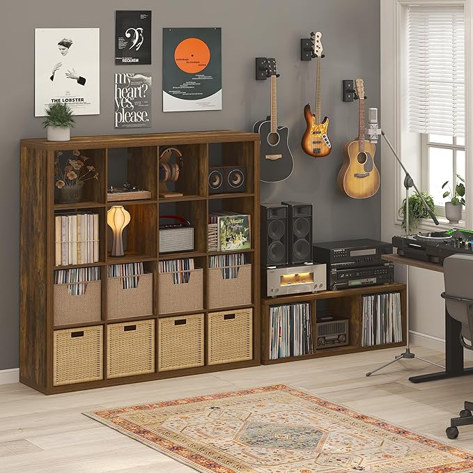 Furinno Cubicle Record Player Stand with Vinyl Storage, 3-Cube 1.2 Extra Thick Vinyl Record Storage, Open Back Media Shelf for CD DVD Blueray Game Disc, for Living Room, Home Office, Amber Pine