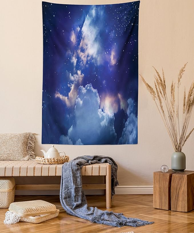 Ambesonne Space Tapestry, Magic Sky View with Star and Clouds Celestial Colorful World Cosmic Expanse Theme, Fabric Wall Hanging Decor for Bedroom Living Room Dorm, 23" X 28", White and Blue