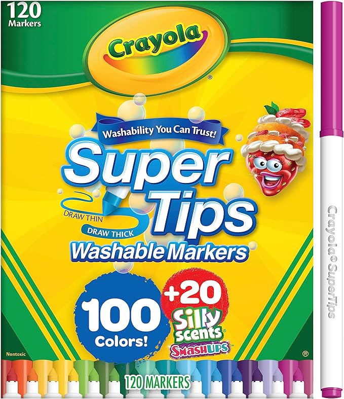 Crayola Super Tips & Silly Scents Washable Marker Set (120ct), Bulk Colored Markers for Coloring Books, Fine Tip, Conical, Water-Based Ink, Ideal for Kids' Art Projects, Gifts