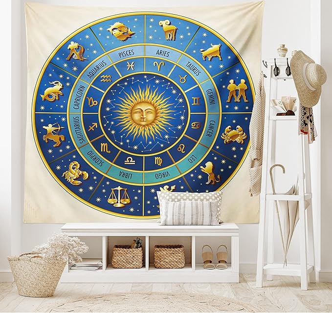 Ambesonne Astrology Tapestry, Wheel of Astrological Signs Names Dates Moon Sun in Middle, Fabric Wall Hanging Decor for Bedroom Living Room Dorm, 23" X 28", Blue Yellow and Cream