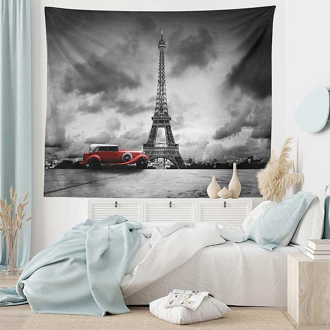 Ambesonne Eiffel Tower Tapestry King Size, Image of Eiffel Tower Paris France Vintage Car Street Dark Clouds, Wall Hanging Bedspread Bed Cover Wall Decor, 104" X 88", Black Red