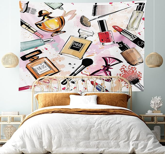 Ambesonne Fashion Tapestry, Cosmetic and Makeup Theme Pattern Perfume Lipstick Nail Polish Brush Modern, Fabric Wall Hanging Decor for Bedroom Living Room Dorm, 45" X 30", Coral White