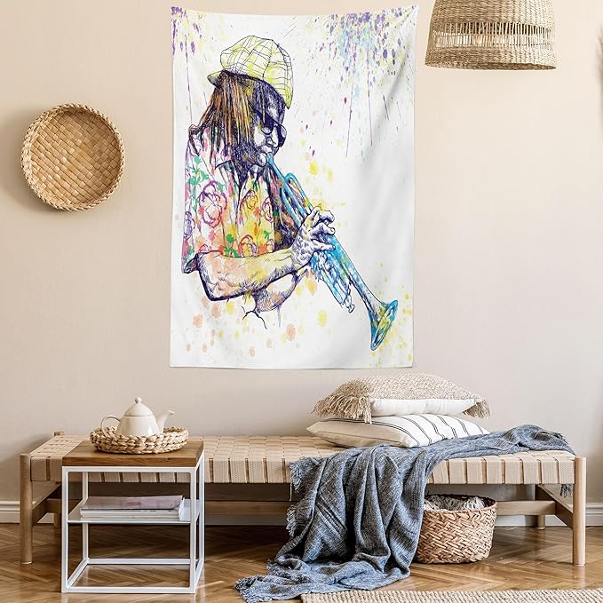 Ambesonne Jazz Music Tapestry, Illustration of Trumpeter with Paint Splashes at the Background Entertainment, Wall Hanging for Bedroom Living Room Dorm Decor, 40" X 60", Purple Yellow