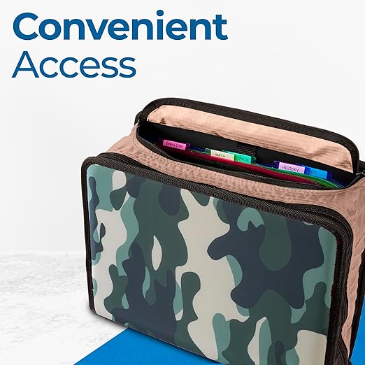 Case-it Mighty Zip Tab School Zipper Binder | 3-Inch O-Rings, 600-Sheet Capacity, 5-Subject Expanding File Folder, Multiple Pockets & Storage Organizer, Shoulder Strap | D-146 OG Camo
