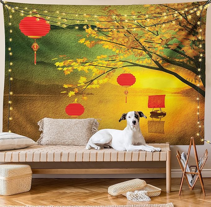 Ambesonne Oriental Tapestry Queen Size, Traditional Chinese Folk Hanging from Pale Fall Trees Lake Faded Nature Photo, Wall Hanging Bedspread Bed Cover Wall Decor, 88" X 88", Yellow Green