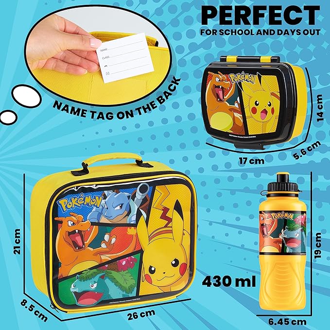Pokemon Insulated Lunch Bag with Lunch Box Water Bottle Set for Kids 3 Piece School Snack Bag Pikachu Gifts for Kids (Yellow)