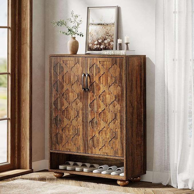 Tribesigns Shoe Cabinet with Doors, 6-Tier Shoe Rack with Solid Wood Feet and Adjustable Shelves, 43.3" Tall Storage Cabinet for Entryway, Hallway, Bedroom (Walnut)