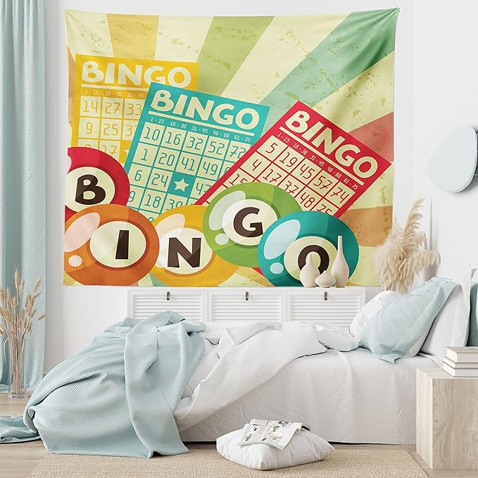 Ambesonne Vintage Tapestry, Bingo Game with Ball and Cards Pop Art Lottery Hobby Celebration Theme, Fabric Wall Hanging Decor for Bedroom Living Room Dorm, 28" X 23", Teal Multicolor