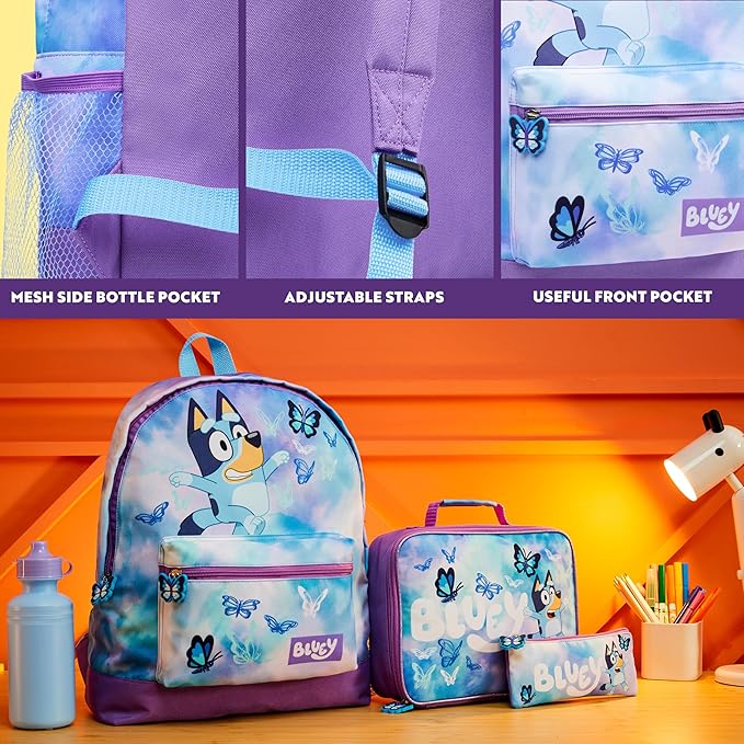 Bluey Backpack Set 4 Pcs with Water Bottle Pencil Case Modern Lunch Bag or Sports Gym Drawstring Bag Gifts for Kids Butterfly