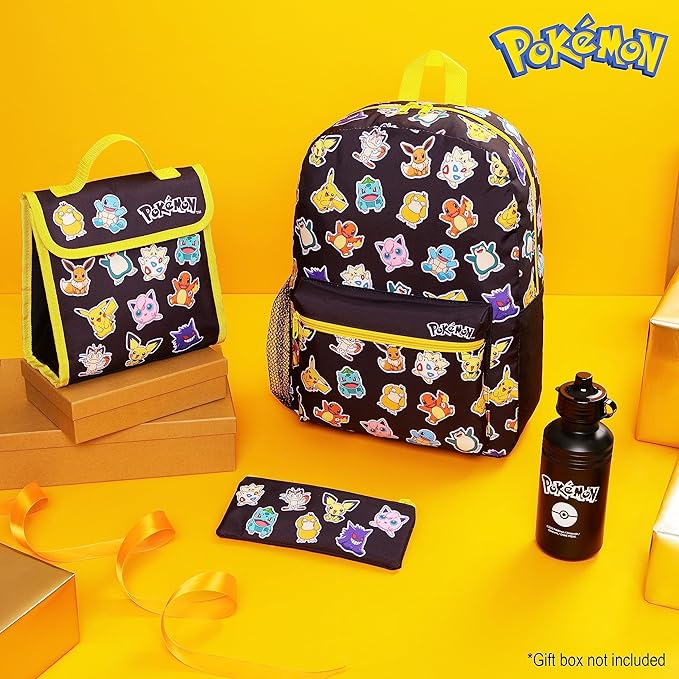 Pokemon Backpack Set 4 Pcs for Kids with Backpack Water Bottle Pencil Case Lunch Bag or Wallet Anime School Supplies Gifts (Black/Multi)