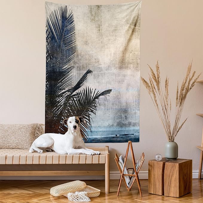 Ambesonne Hawaiian Tapestry Queen Size, Palm Tree Leaves on Grunge Background with Sea Vintage Waterscape Illustration, Wall Hanging Bedspread Bed Cover Wall Decor, 88" X 88", Beige Indigo