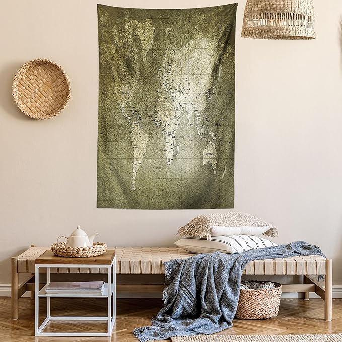 Ambesonne Antique Tapestry, Old World Map Texture Nostalgic Plan Atlas Trace of Life, Fabric Wall Hanging Decor for Bedroom Living Room Dorm, 23" X 28", Khaki Beige