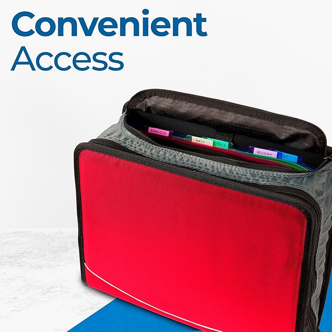 Case-it Mighty Zip Tab School Zipper Binder | 3-Inch O-Rings, 600-Sheet Capacity, 5-Subject Expanding File Folder, Multiple Pockets & Storage Organizer, Shoulder Strap | D-146 Fire Engine Red