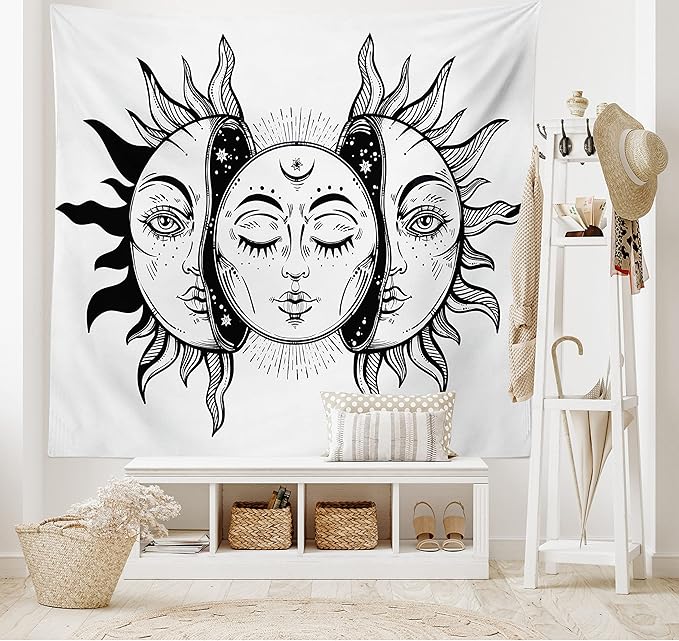 Ambesonne Moon Tapestry Queen Size, Monochrome Sun and Moon Pattern Oriental Image Culture Inspired Design Print, Wall Hanging Bedspread Bed Cover Wall Decor, 88" X 88", White Black