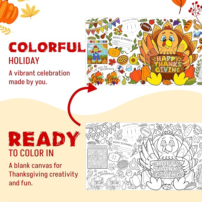 JOYIN Thanksgiving Decorations Giant Coloring Poster Tablecover, 30 x 72 Inches Thanksgiving Turkey Themed Tablecloth for, Versatile Coloring Crafts Kit for Fall School Party Supplies, Special Events