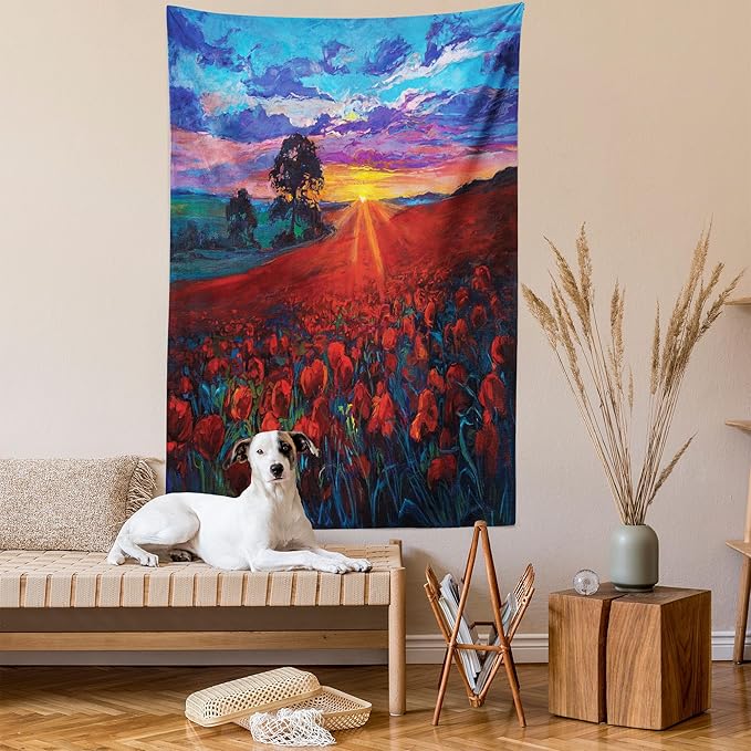 Ambesonne Country Tapestry, Clouds at Sunset Paint Scenery of Poppy Flower Garden on Valley with Horizon, Wall Hanging for Bedroom Living Room Dorm Decor, 40" X 60", Burgundy Deep Sky Blue