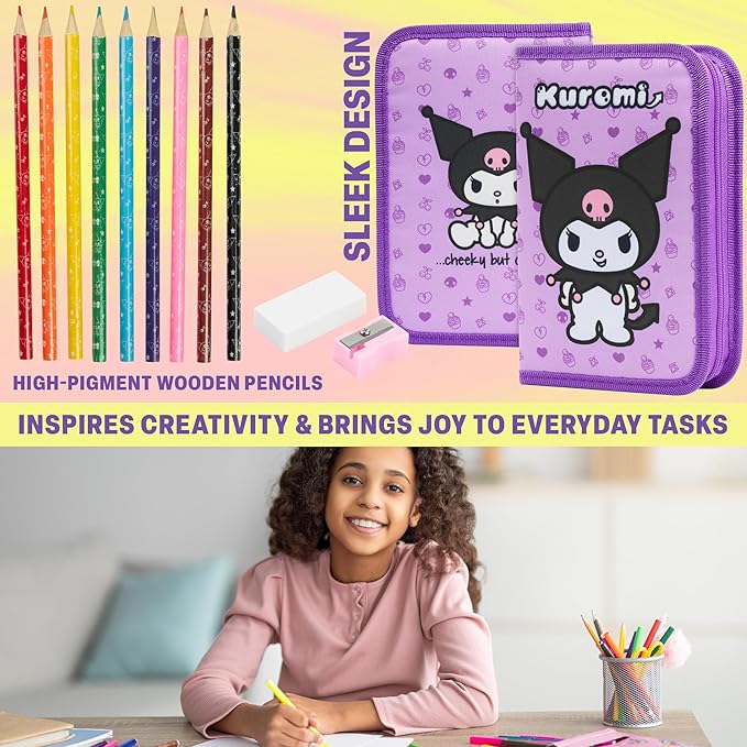 Hello Kitty Sanrio Pencil Case Kids Colored Pencils Markers Kawaii Kuromi Stationery Gifts for Kids (Lilac Kuromi)