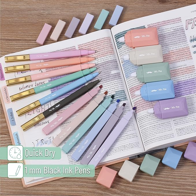 Mr. Pen- Aesthetic Highlighters and Pens, 17 Pack, Aesthetic Correction Tapes, Cute Highlighters Assorted Colors, Black Ink Bible Pens 1.0mm