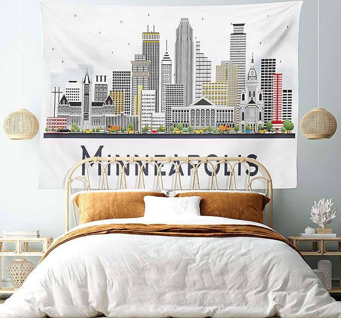 Ambesonne Minnesota Tapestry King Size, Elevation of a Street in Minneapolis Image with High Detailed Facades, Wall Hanging Bedspread Bed Cover Wall Decor, 104" X 88", White Grey