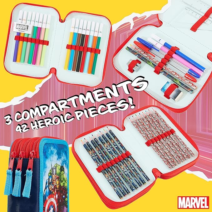 Marvel Boy's Pencil Case, Pencil Case with Compartments Filled School Supplies, Felt, Coloured Pencil, Spiderman Avengers Back to School Gift