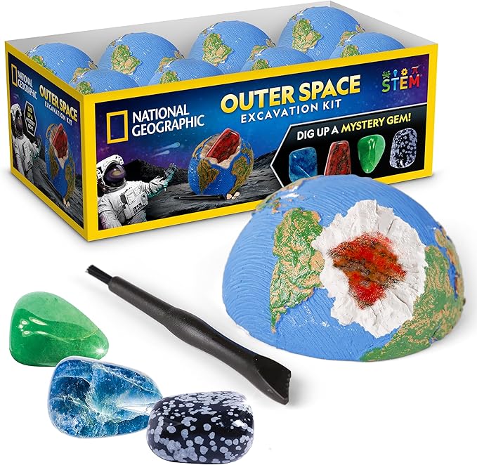 National Geographic Outer Space Gemstone Dig Brick Set – 24 Dig Bricks with Real Crystals, Excavation Tools & Learning Guide, Space STEM Toys and Science Kit, Fun Classroom & Party Activity