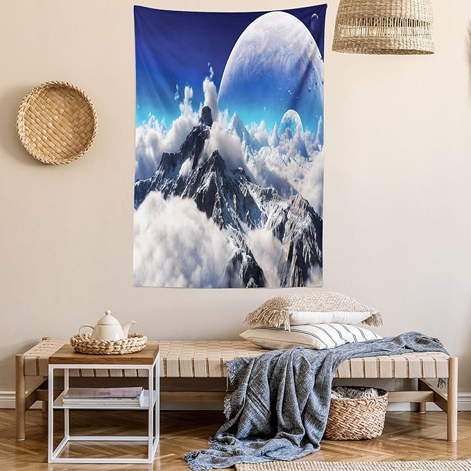 Ambesonne Fantasy Tapestry Twin Size, Celestial View of Snow Capped Mountains and Alien Planet Print, Wall Hanging Bedspread Bed Cover Wall Decor, 68" X 88", White and Navy Blue