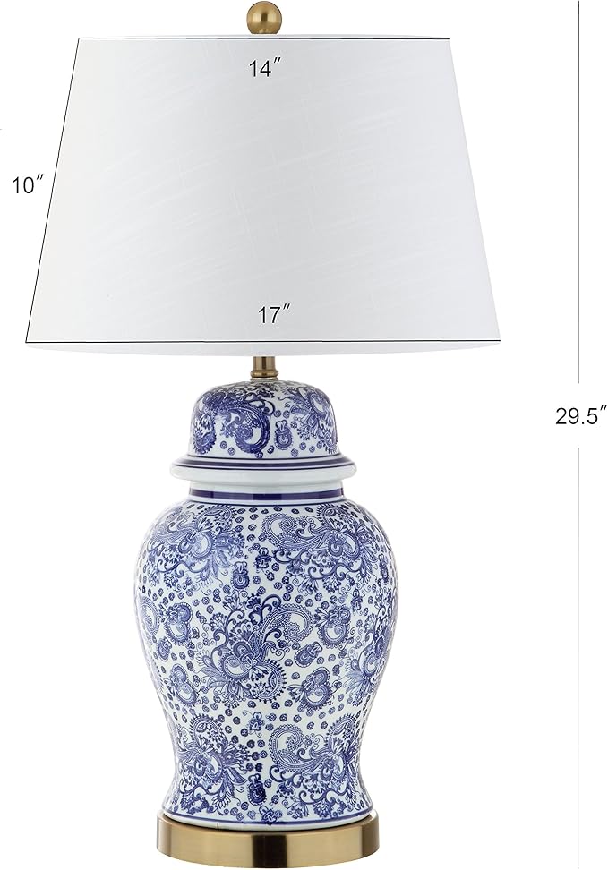 JONATHAN Y 29.5" Blue/White Ceramic Table Lamp for Living Room and Office, White Linen Drum Shade, Traditional Chinoiserie Ginger Jar Lamp, LED Bulb Included JYL3008A