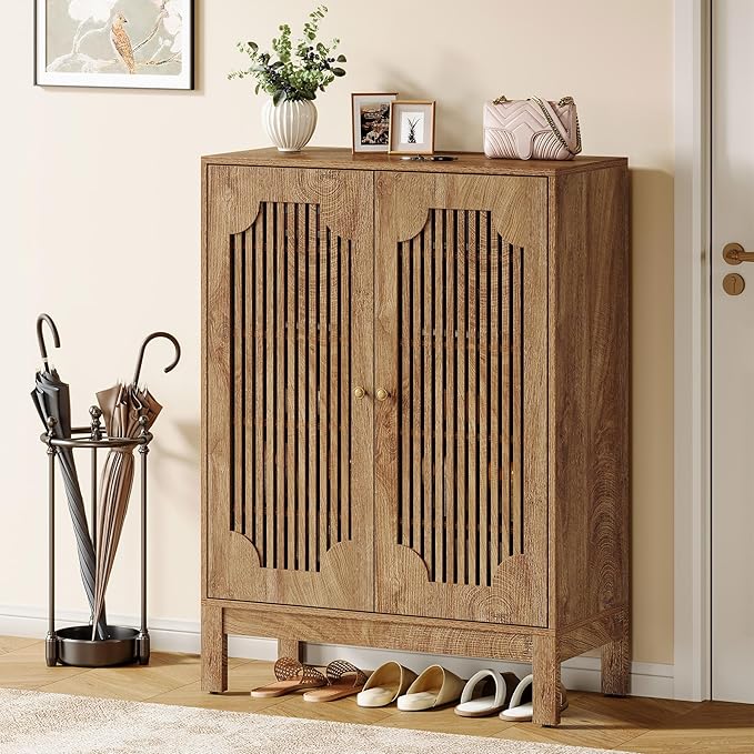 Tribesigns Shoe Cabinet with Doors, 5-Tier Shoe Storage Cabinet with Adjustable Shelves, 20 Pairs Wooden Shoe Rack Organizer, Narrow Shoe Cabinet for Entryway, Hallway, Closet, Rustic Brown, 2 Pcs