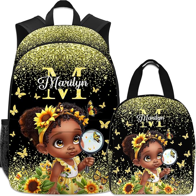 Custom Kids Backpack with Lunch Box Personalized Name Bookbag for Girls Back to School Yellow Backpacks for Elementary Middle School Boys