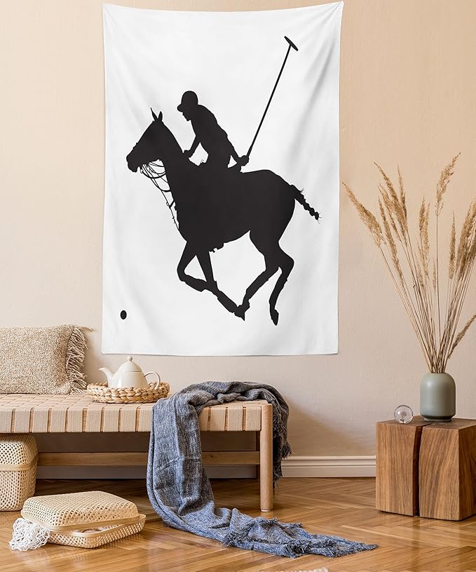 Ambesonne Sports Tapestry, Silhouette Illustration of Polo Player on a Horse Hitting a Ball Print, Fabric Wall Hanging Decor for Bedroom Living Room Dorm, 23" X 28", Charcoal Grey