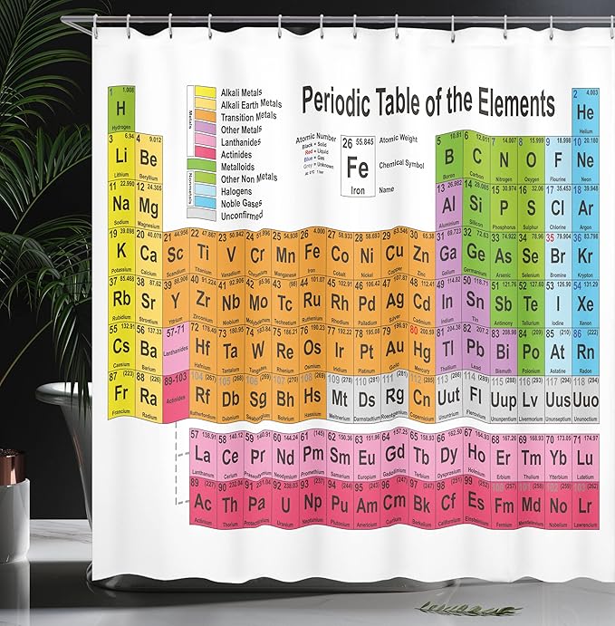 Ambesonne Periodic Table Shower Curtain or Backdrop for Home & Classroom Decor Science Freak Chemistry Lover Colorful Elements for Fun Learning Fabric Bathroom Set with Hooks 69" W x 84" L, White Pink