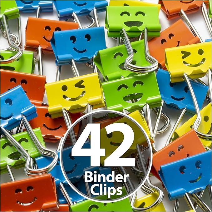 Officemate Happy Smiling Face Binder Clips, Small Size, 42 in Pack, Comes in Assorted Colors (31090)