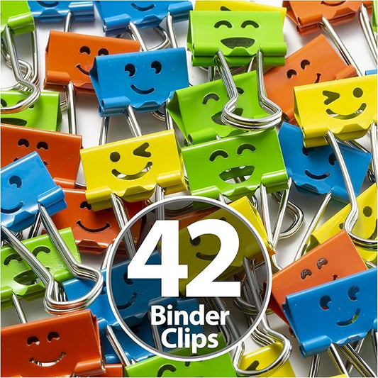 Officemate Happy Smiling Face Binder Clips, Small Size, 42 in Pack, Comes in Assorted Colors (31090)