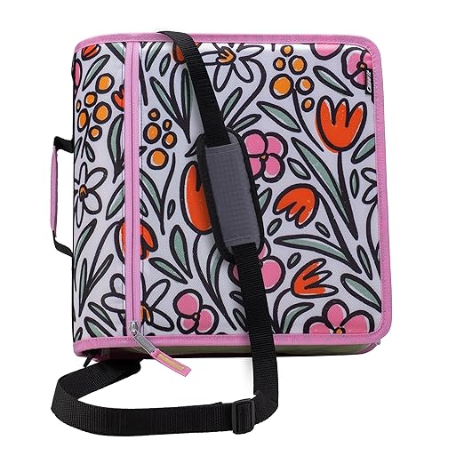 Case-it Mighty Zip Tab School Zipper Binder, 3-Inch O-Rings, 600-Sheet Capacity, 5-Subject Expanding File Folder, Multiple Pockets & Storage Organizer, Shoulder Strap, D-146 Fun Flowers (Pack of 6)