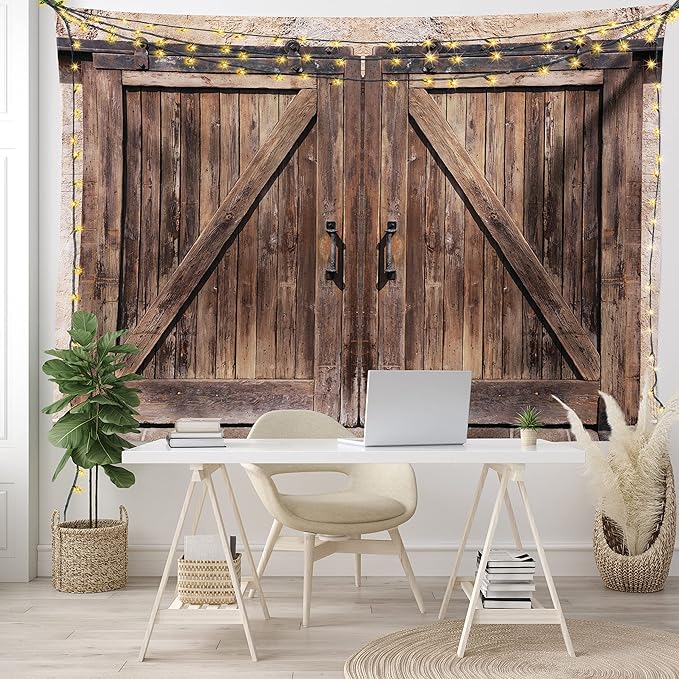 Ambesonne Rustic Tapestry, Wooden Barn Door in Stone Farmhouse Image Vintage Desgin Rural Art Architecture Print, Fabric Wall Hanging Decor for Bedroom Living Room Dorm, 28" X 23", Cream Brown
