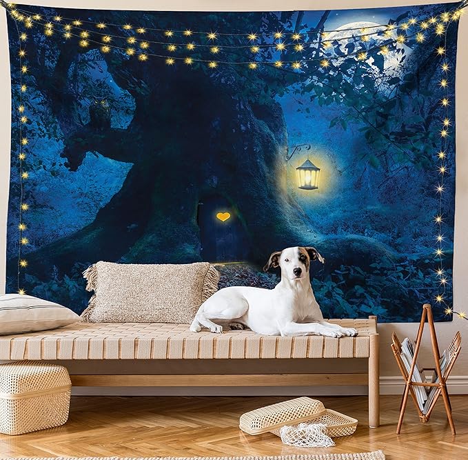 Ambesonne Fantasy Tapestry Queen Size, Night with a Little Home in The Trunk of an Tree in The Woods Print, Wall Hanging Bedspread Bed Cover Wall Decor, Queen Size, Navy Blue