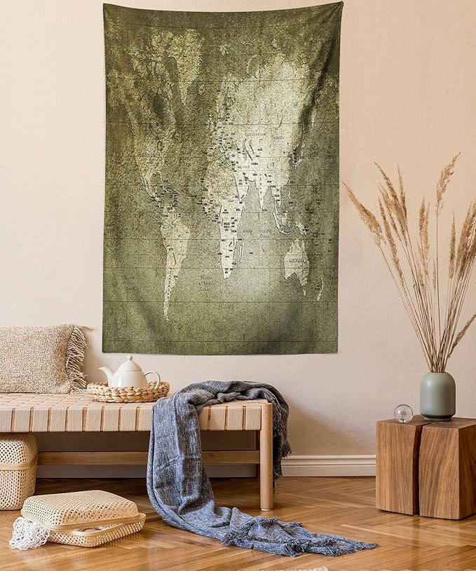 Ambesonne Antique Tapestry, Old World Map Texture Nostalgic Plan Atlas Trace of Life, Fabric Wall Hanging Decor for Bedroom Living Room Dorm, 23" X 28", Khaki Beige