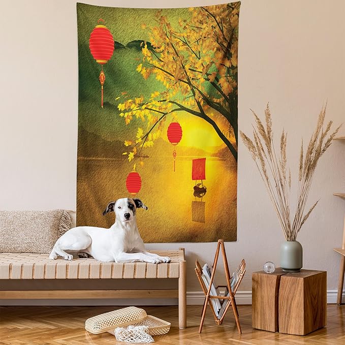 Ambesonne Oriental Tapestry Queen Size, Traditional Chinese Folk Hanging from Pale Fall Trees Lake Faded Nature Photo, Wall Hanging Bedspread Bed Cover Wall Decor, 88" X 88", Yellow Green