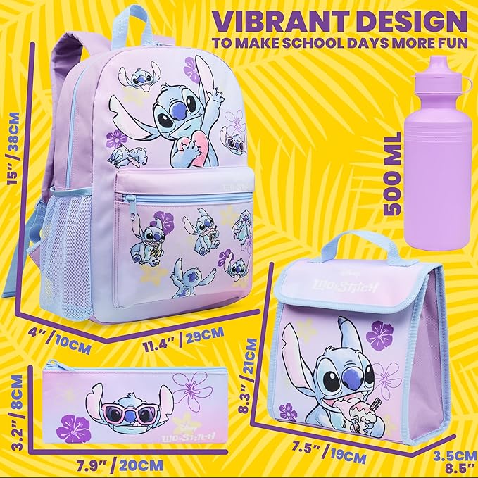 Disney Stitch Backpack Set 4 Pcs with Insulated Lunch Bag Water Bottle Pencil Case Gifts for Kids
