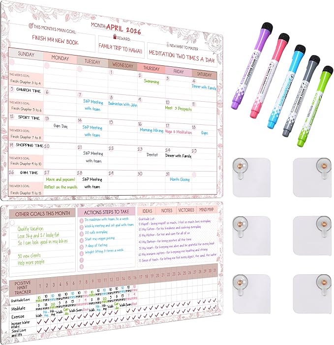 Magnetic Whiteboard for Fridge - Large Dry Erase Calendar for Wall | 3 Magnetic Dry Erase Board 10.5" x 16.5" & 7" x 16.5", Monthly Goal Setting & Habit Tracker, 5 Markers and 6 Adhesive Hooks