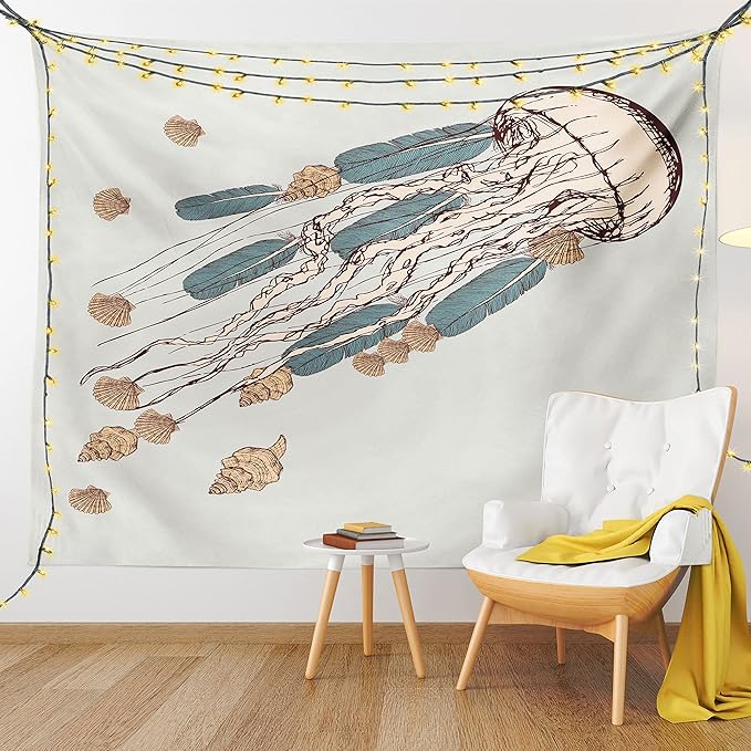 Ambesonne Jellyfish Tapestry, Boho Feather Tentacles Shells Vintage Art Print Under the Sea Tribal Fish, Fabric Wall Hanging Decor for Bedroom Living Room Dorm, 28" X 23", Beige Brown