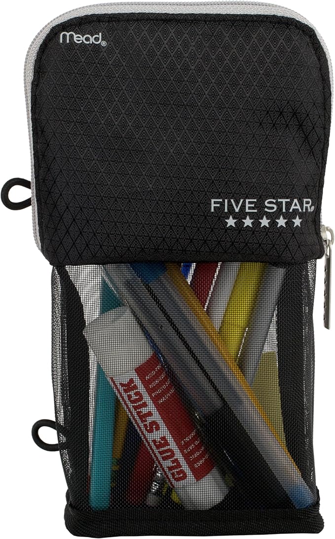 Five Star Pencil Pouch, Pen Case, Stand 'N Store Zipper Pouch, Fits 3-Ring Binder, Storage Organizer for Supplies Earbuds Chargers Cables Makeup, Black/Grey (505160A-ECM)