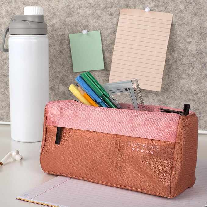 Five Star Pencil Pouch, Pen Case, 9-Pocket Zipper Pouch, Storage Organizer for School Supplies Earbuds Chargers Cables Makeup, Pink/Terracotta (500213F-ECM)