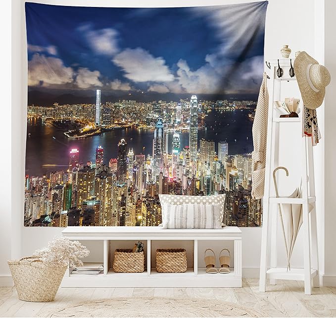 Ambesonne Cityscape Tapestry, Night View Hong Kong Victoria Harbor Business Financial District Cityscape Print, Fabric Wall Hanging Decor for Bedroom Living Room Dorm, 45" X 30", White Indigo