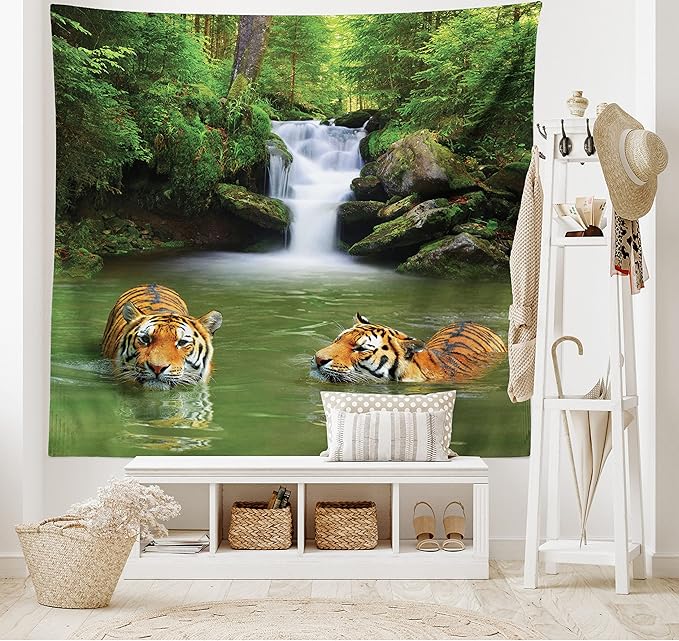 Ambesonne Savannah Tapestry King Size, Siberian Tigers in Water Waterfall Pool Woodland Swimming Natural, Wall Hanging Bedspread Bed Cover Wall Decor, 104" X 88", Reseda Green Orange