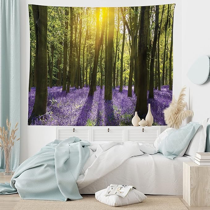 Ambesonne Woodland Tapestry, Sunbeams in the Forest of Bluebells Blooms Deep in Woodland Oxfordshire, Fabric Wall Hanging Decor for Bedroom Living Room Dorm, 28" X 23", Violet Green Yellow