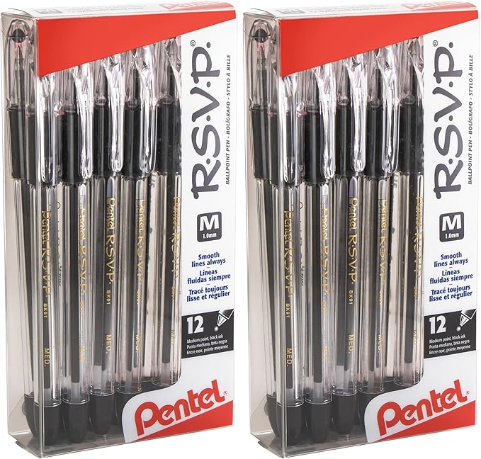 Pentel(R R.S.V.P.(R) Ballpoint Pens, 1.0 mm, Medium Point, Clear Barrel, Black Ink, Pack of 24, BK91-A