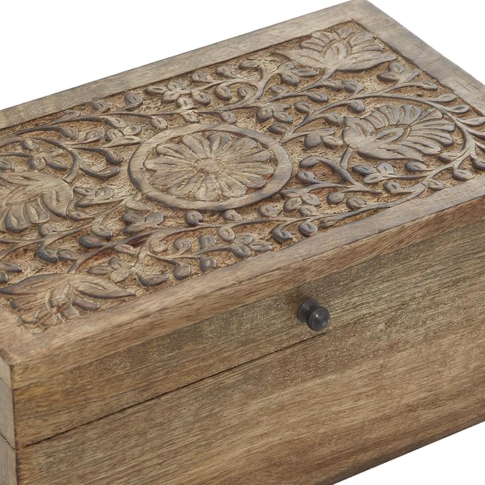 Deco 79 Mango Wood Floral Handmade Decorative Box Decorative Keepsake Boxes with Hinged Lid, Set of 3 Storage Boxes 8", 10", 12"W, Brown